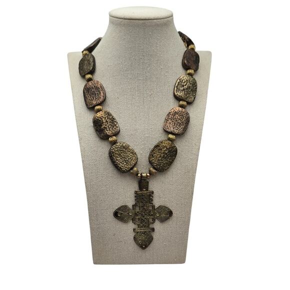 Source Unknown Jewelry - Ethiopian Cross Textured Bronze-Gold Stations Bead Statement Necklace